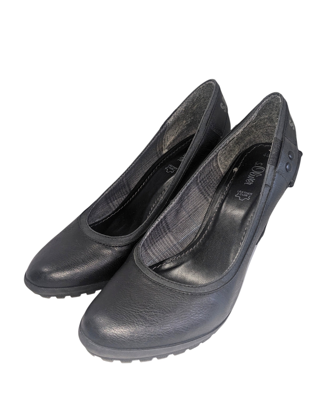 s.Oliver Black Leather Wedge Heels Office Career Narrow Size 9